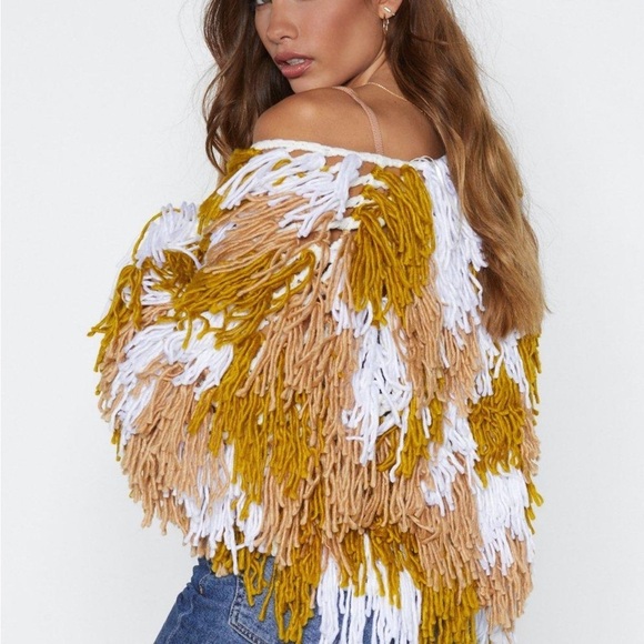 Nasty Gal Mustard Beige White Fringed Chunky Knit Cardigan - Picture 2 of 10